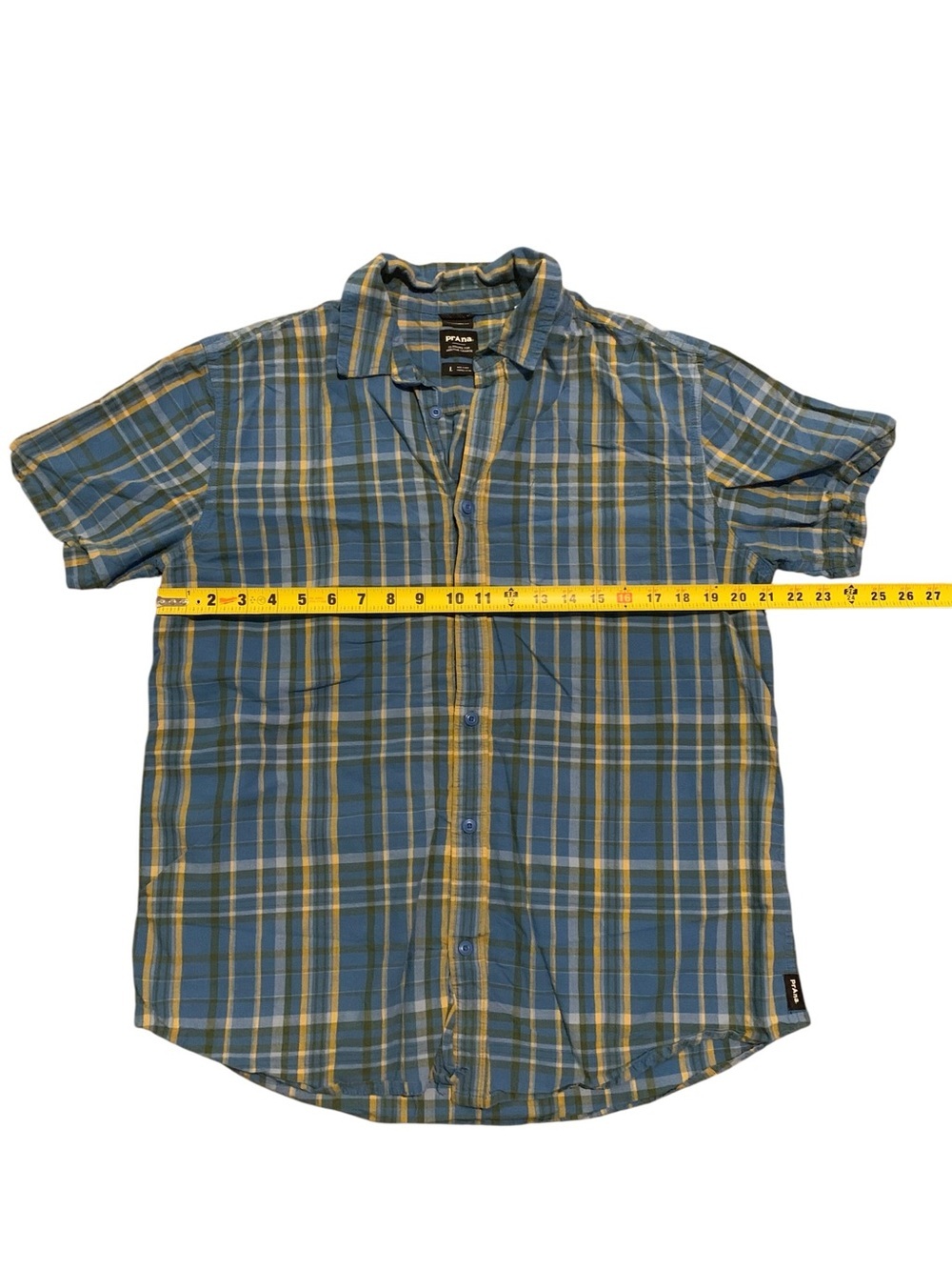 PrAna Organic Cotton Plaid Button Up Shirt Large Blue Green Hiking Outdoor Camp - Picture 6 of 8
